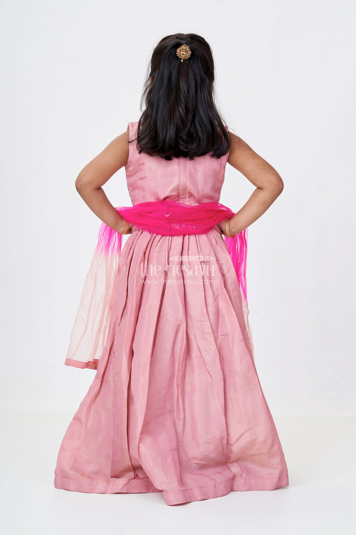 The Nesavu Girls Lehenga Choli Girls Sleeveless Lehenga in Pink Pure Tissue Silk with Floral Thread Embroidery and Mirror Work Nesavu Girls Sleeveless Lehenga Pure Tissue Silk Floral Embroidery Mirror Work Dupatta | The Nesavu