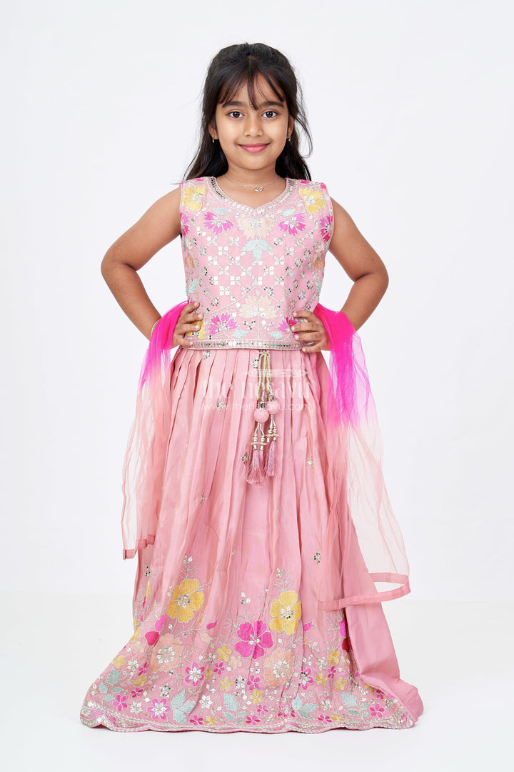 The Nesavu Girls Lehenga Choli Girls Sleeveless Lehenga in Pink Pure Tissue Silk with Floral Thread Embroidery and Mirror Work Nesavu Girls Sleeveless Lehenga Pure Tissue Silk Floral Embroidery Mirror Work Dupatta | The Nesavu