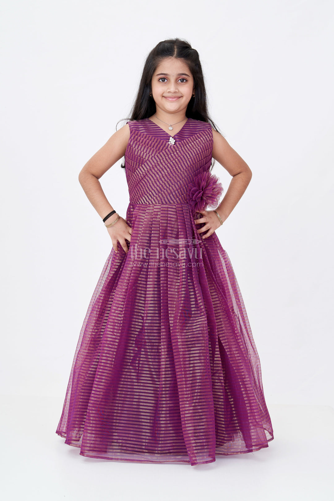 The Nesavu Girls Party Gown Girls Sleeveless Long Anarkali Dress in Softnet with Gold Shimmer Stripes and Elegant Floral Waist Accent Nesavu 20 (3Y) / Purple GA302A-20 Girls Sleeveless Long Anarkali Dress Softnet Gold Shimmer Stripes Net Floral Accent | The Nesavu