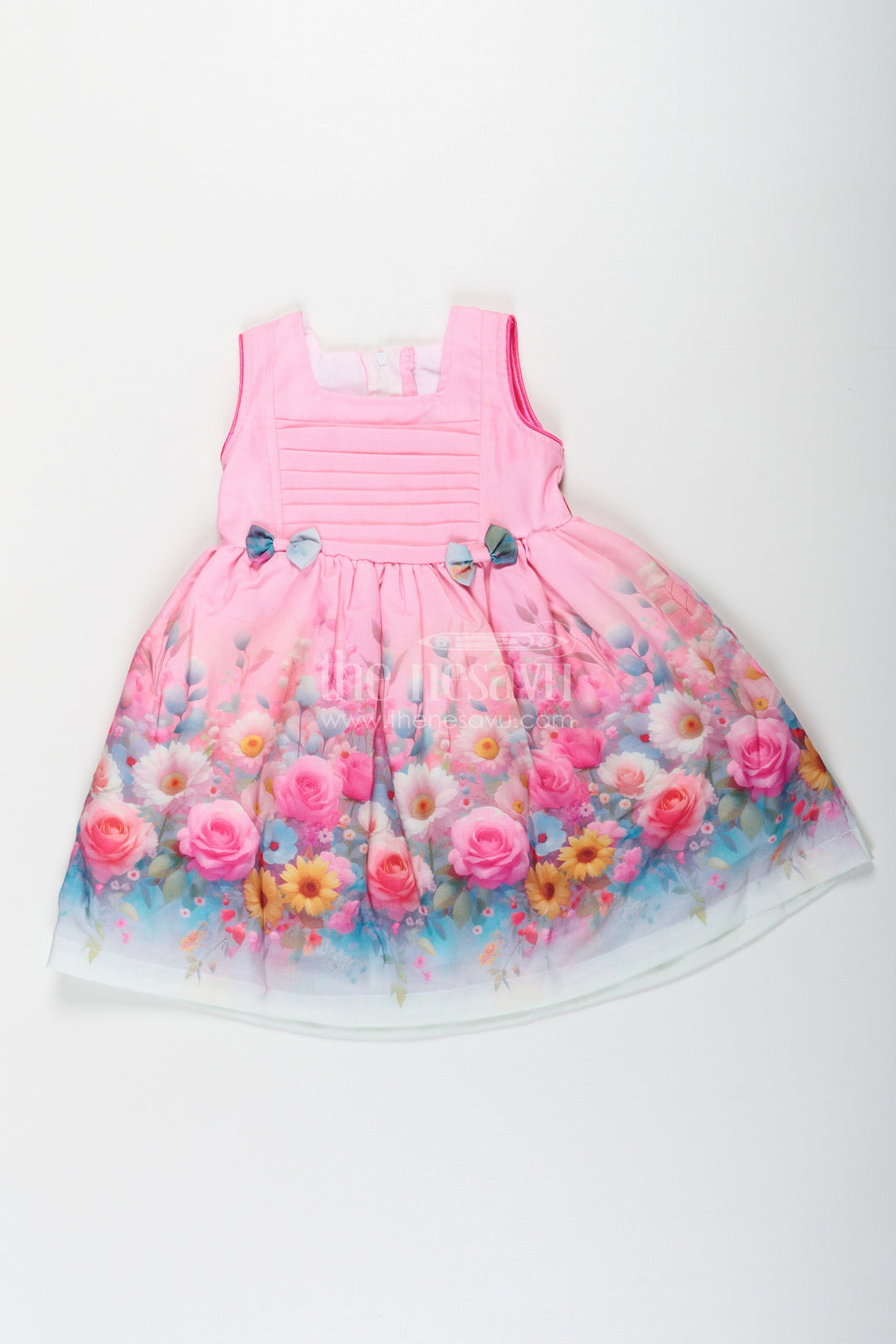 The Nesavu Girls Cotton Frock Girls Sleeveless Long Frock in Cotton Blend with Floral Digital Print and Cute Bow Details Nesavu 20 (3Y) / Pink GFC1656A-20 Girls Sleeveless Long Frock Cotton Blend Floral Digital Print Cute Bows | The Nesavu