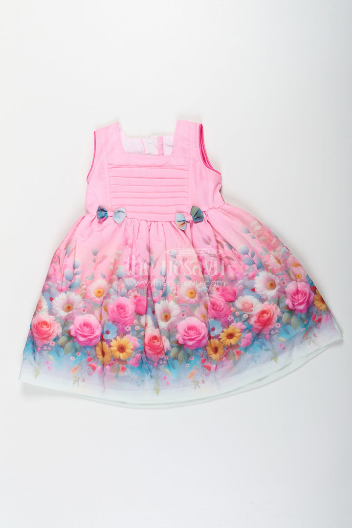 The Nesavu Girls Cotton Frock Girls Sleeveless Long Frock in Cotton Blend with Floral Digital Print and Cute Bow Details Nesavu 20 (3Y) / Pink GFC1656A-20 Nesavu Girls Sleeveless Long Frock Cotton Blend Floral Digital Print Cute Bows