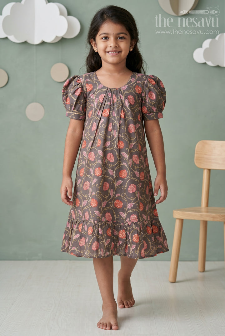 The Nesavu Girls Fancy Frock Girls Small Frock Design in Brown Muslin Silk with Red Floral Print and Flared Ruffle Hem Nesavu 18 (2Y) / Gray GFC1756A-18 Nesavu Small Frock Design Girls Brown Muslin Silk Floral Digital Print Ruffle Hem