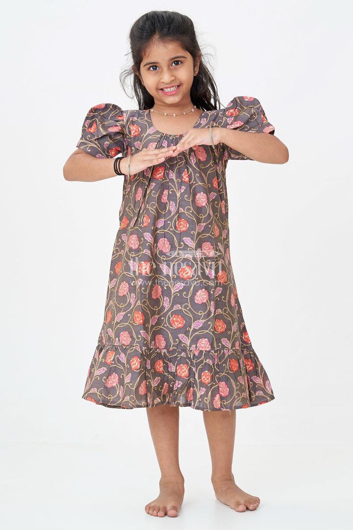 The Nesavu Girls Fancy Frock Girls Small Frock Design in Brown Muslin Silk with Red Floral Print and Flared Ruffle Hem Nesavu Nesavu Small Frock Design Girls Brown Muslin Silk Floral Digital Print Ruffle Hem