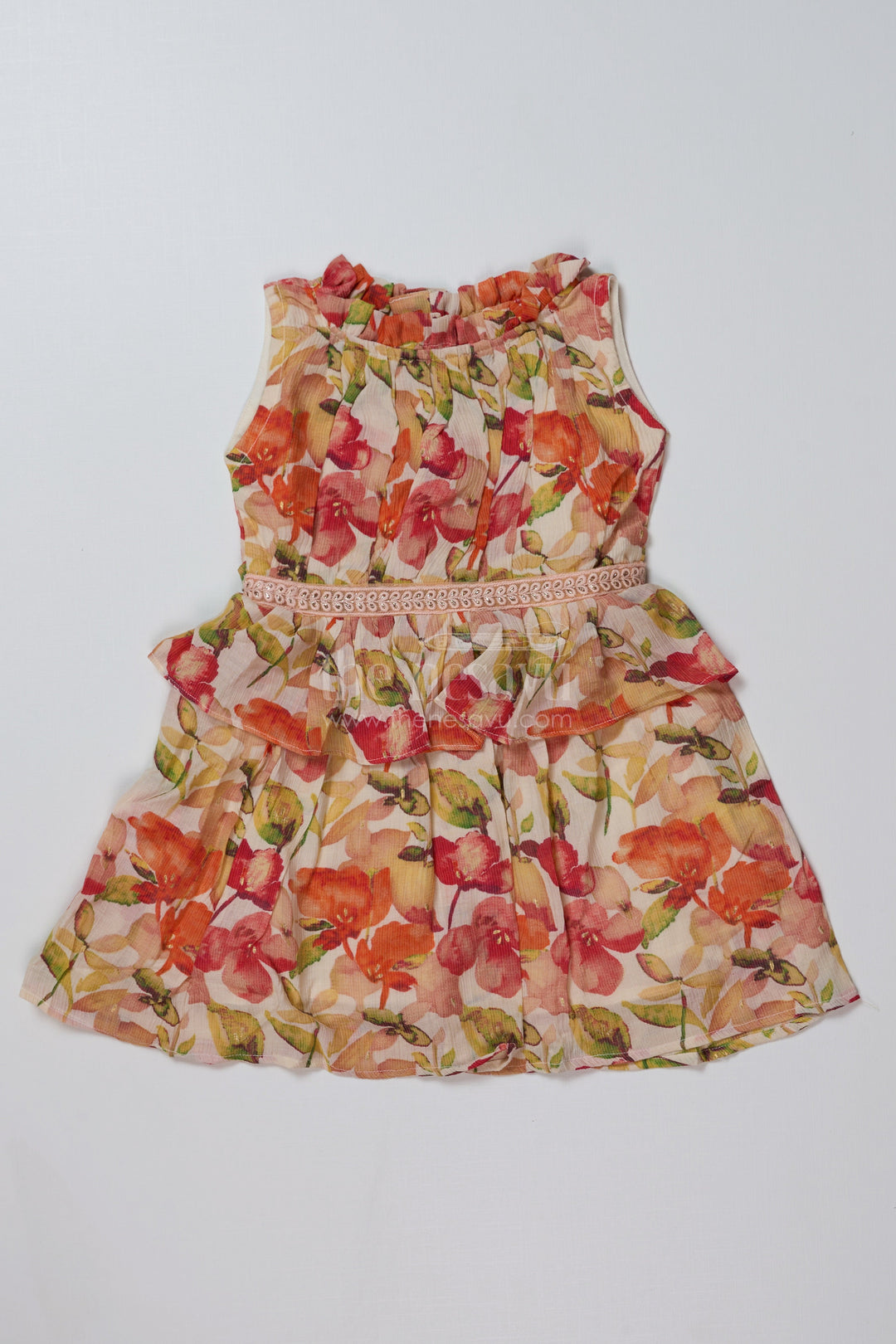The Nesavu Girls Cotton Frock Girls Small Frock in Chiffon Cotton Blend with Vibrant Floral Print and Layered Ruffle Design Nesavu 16 (1Y) / Red GFC1637A-16 Girls Small Frock Chiffon Cotton Blend Vibrant Floral Print Ruffle Details | The Nesavu