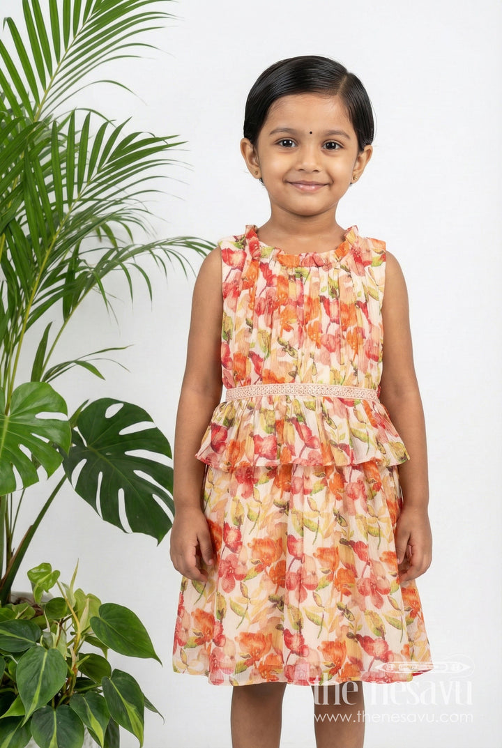 The Nesavu Girls Cotton Frock Girls Small Frock in Chiffon Cotton Blend with Vibrant Floral Print and Layered Ruffle Design Nesavu 16 (1Y) / Red GFC1637A-16 Girls Small Frock Chiffon Cotton Blend Vibrant Floral Print Ruffle Details | The Nesavu