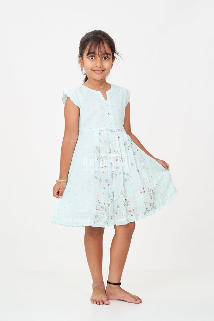 The Nesavu Girls Cotton Frock Girls Soft Cotton Frocks in Mint Green with Embroidered Pleated Panels and Sequin Accents Nesavu 22 (4Y) / Blue GFC1716A-22 Girls Soft Cotton Frocks with Mint Green Embroidery and Sequin Front Panel Detailing | The Nesavu