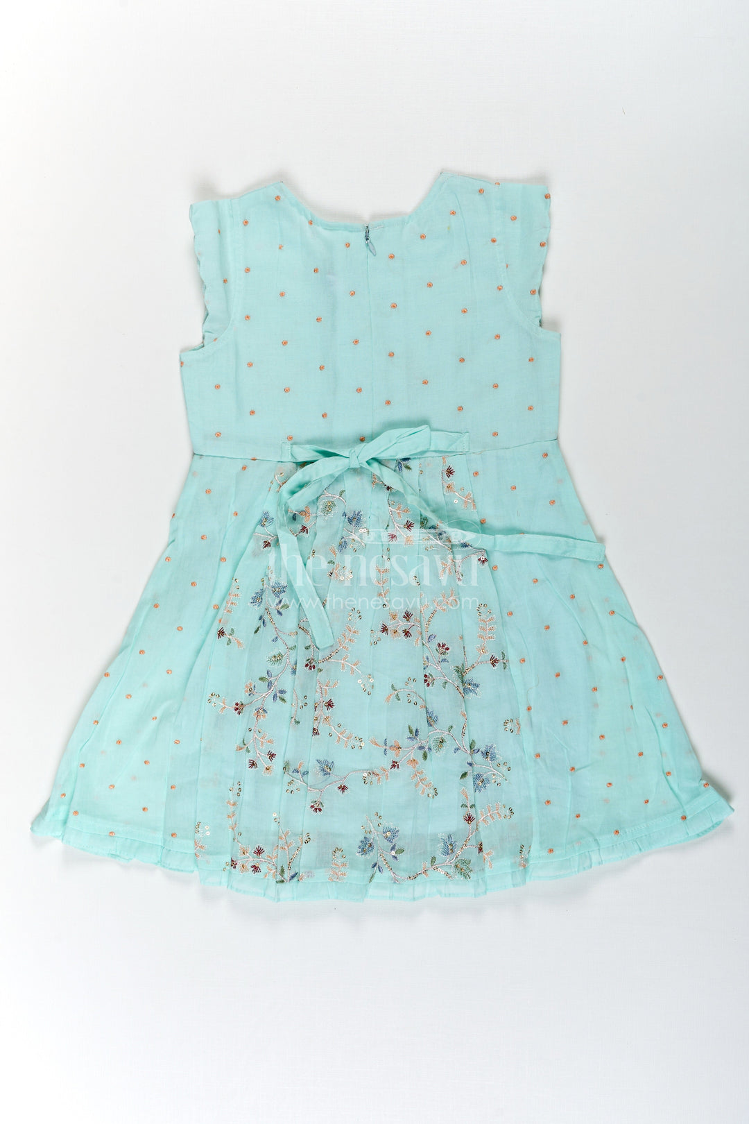 The Nesavu Girls Cotton Frock Girls Soft Cotton Frocks in Mint Green with Embroidered Pleated Panels and Sequin Accents Nesavu Girls Soft Cotton Frocks with Mint Green Embroidery and Sequin Front Panel Detailing | The Nesavu