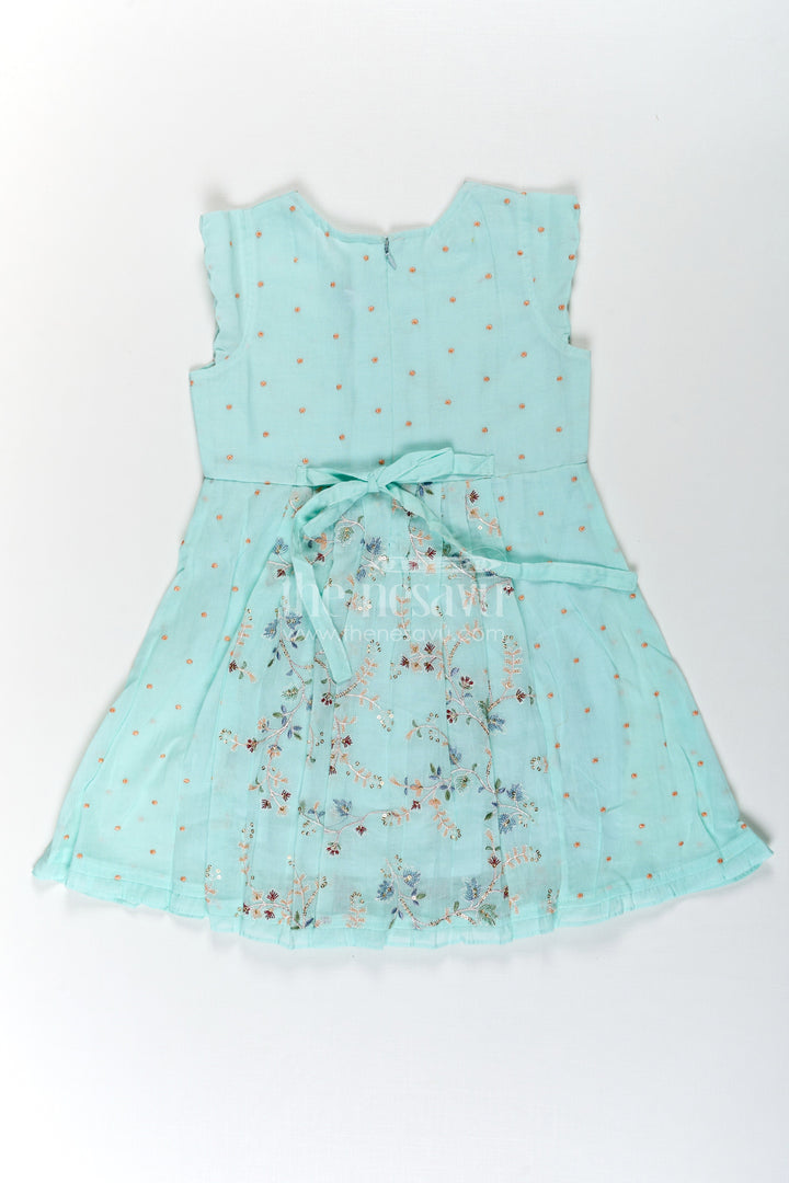 The Nesavu Girls Cotton Frock Girls Soft Cotton Frocks in Mint Green with Embroidered Pleated Panels and Sequin Accents Nesavu Girls Soft Cotton Frocks with Mint Green Embroidery and Sequin Front Panel Detailing | The Nesavu
