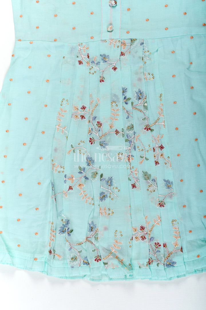 The Nesavu Girls Cotton Frock Girls Soft Cotton Frocks in Mint Green with Embroidered Pleated Panels and Sequin Accents Nesavu Girls Soft Cotton Frocks with Mint Green Embroidery and Sequin Front Panel Detailing | The Nesavu