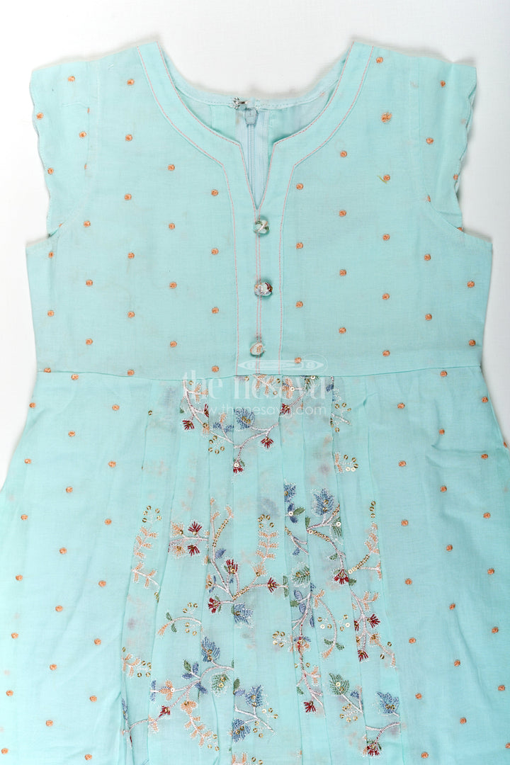 The Nesavu Girls Cotton Frock Girls Soft Cotton Frocks in Mint Green with Embroidered Pleated Panels and Sequin Accents Nesavu Girls Soft Cotton Frocks with Mint Green Embroidery and Sequin Front Panel Detailing | The Nesavu