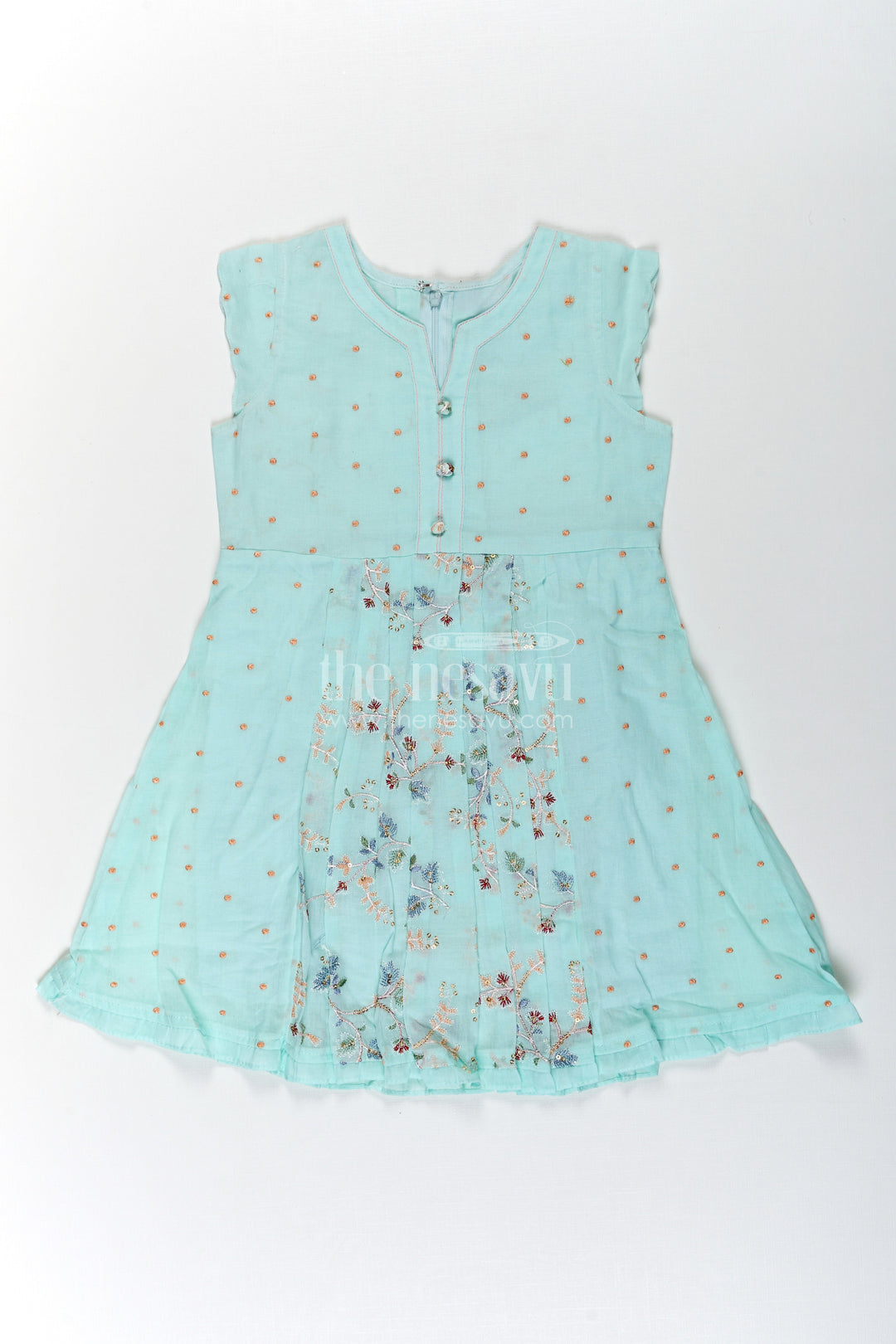 The Nesavu Girls Cotton Frock Girls Soft Cotton Frocks in Mint Green with Embroidered Pleated Panels and Sequin Accents Nesavu Girls Soft Cotton Frocks with Mint Green Embroidery and Sequin Front Panel Detailing | The Nesavu