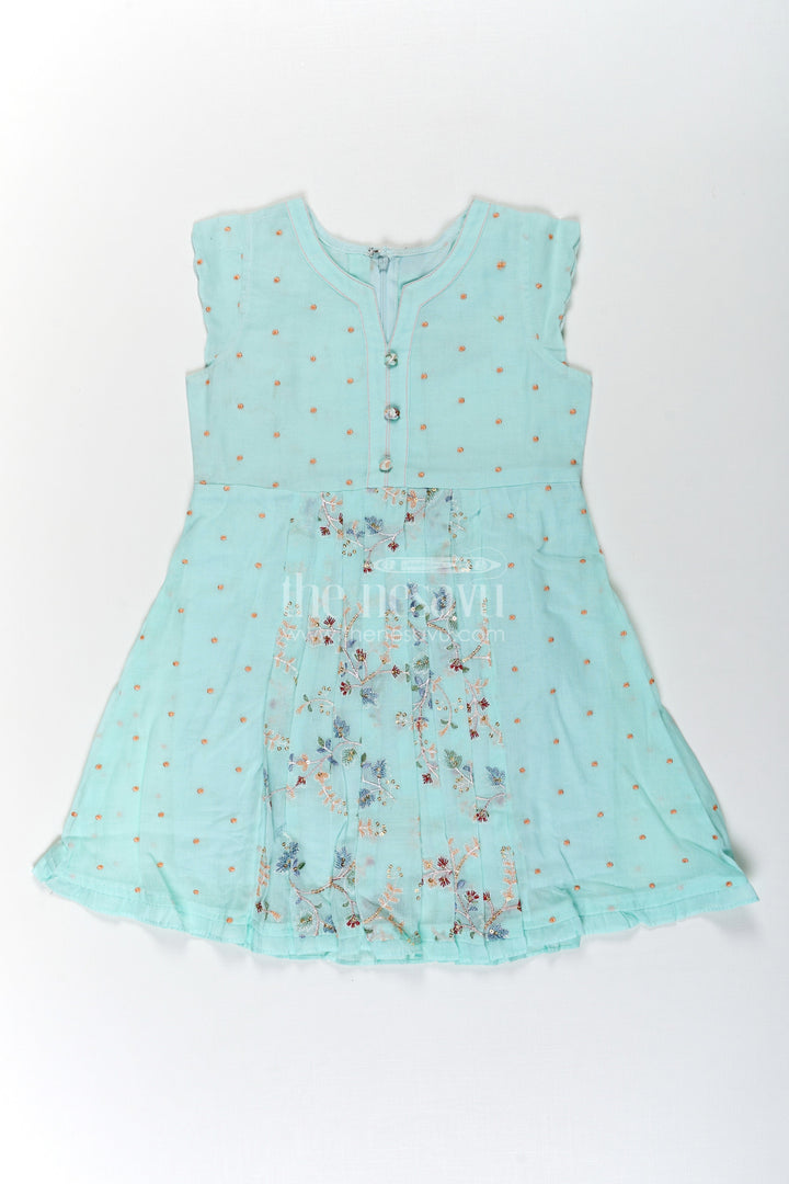 The Nesavu Girls Cotton Frock Girls Soft Cotton Frocks in Mint Green with Embroidered Pleated Panels and Sequin Accents Nesavu Girls Soft Cotton Frocks with Mint Green Embroidery and Sequin Front Panel Detailing | The Nesavu