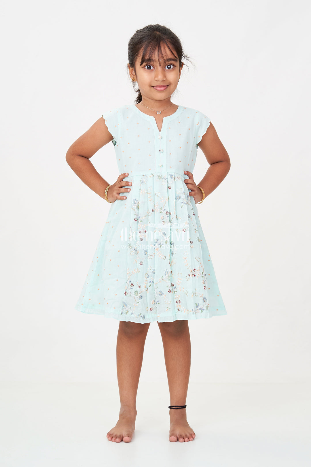 The Nesavu Girls Cotton Frock Girls Soft Cotton Frocks in Mint Green with Embroidered Pleated Panels and Sequin Accents Nesavu Girls Soft Cotton Frocks with Mint Green Embroidery and Sequin Front Panel Detailing | The Nesavu