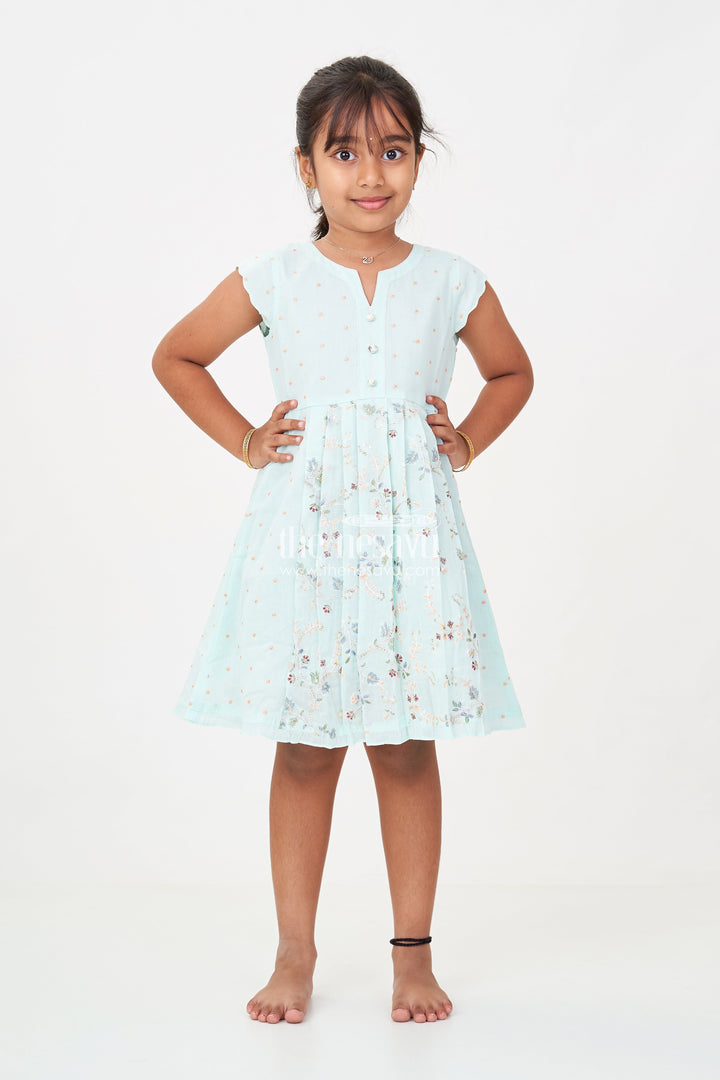 The Nesavu Girls Cotton Frock Girls Soft Cotton Frocks in Mint Green with Embroidered Pleated Panels and Sequin Accents Nesavu Girls Soft Cotton Frocks with Mint Green Embroidery and Sequin Front Panel Detailing | The Nesavu