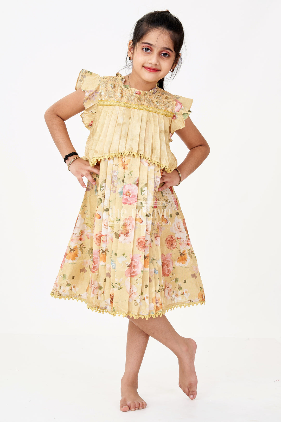 The Nesavu Girls Fancy Frock Girls Special Eid Frock in Yellow Cotton Blend with Floral Print and Sequin Embroidery Yoke Nesavu 22 (4Y) / Yellow GFC1410B-22 Girls Special Eid Frock Yellow Floral Cotton Blend Sequin Embroidery Lace Details | The Nesavu