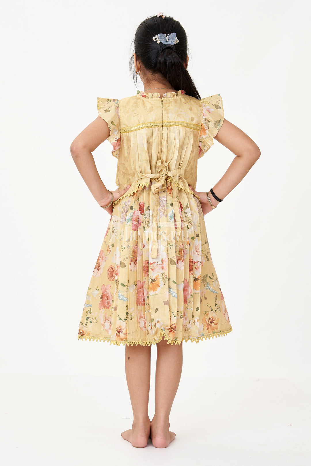 The Nesavu Girls Fancy Frock Girls Special Eid Frock in Yellow Cotton Blend with Floral Print and Sequin Embroidery Yoke Nesavu Girls Special Eid Frock Yellow Floral Cotton Blend Sequin Embroidery Lace Details | The Nesavu