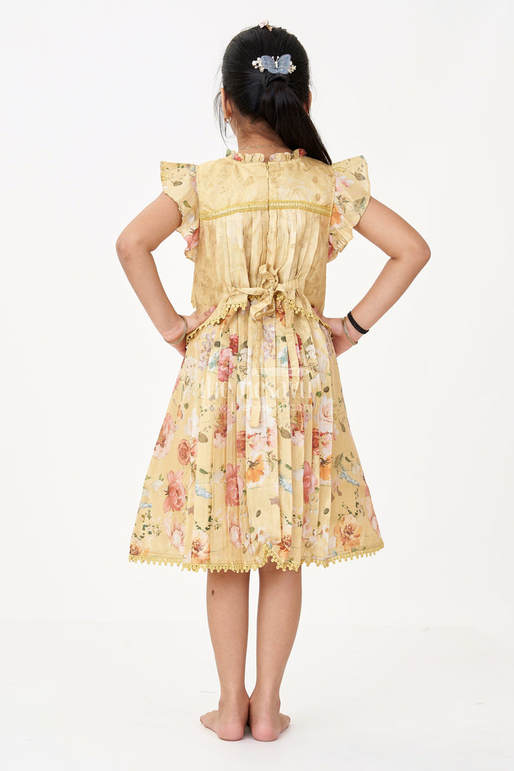 The Nesavu Girls Fancy Frock Girls Special Eid Frock in Yellow Cotton Blend with Floral Print and Sequin Embroidery Yoke Nesavu Girls Special Eid Frock Yellow Floral Cotton Blend Sequin Embroidery Lace Details | The Nesavu