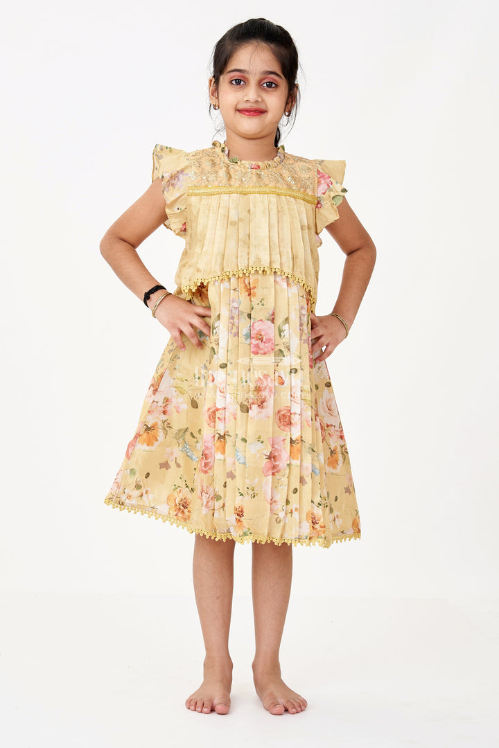 The Nesavu Girls Fancy Frock Girls Special Eid Frock in Yellow Cotton Blend with Floral Print and Sequin Embroidery Yoke Nesavu Girls Special Eid Frock Yellow Floral Cotton Blend Sequin Embroidery Lace Details | The Nesavu