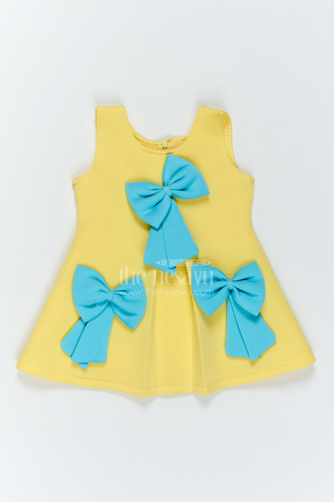 The Nesavu Girls Fancy Party Frock Girls Statement Bow Frock for Birthday Parties and Playful Celebrations Nesavu 16 (1Y) / Yellow / Scuba PF327B-16 Nesavu Girls Statement Bow Scuba Frock For Birthday Parties Cake Cutting And Playful Celebrations