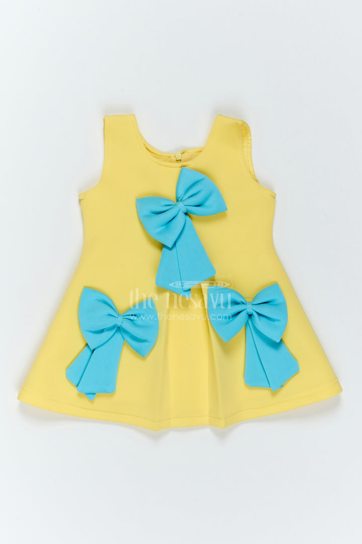 The Nesavu Girls Fancy Party Frock Girls Statement Bow Frock for Birthday Parties and Playful Celebrations Nesavu 16 (1Y) / Yellow / Scuba PF327B-16 Nesavu Girls Statement Bow Scuba Frock For Birthday Parties Cake Cutting And Playful Celebrations