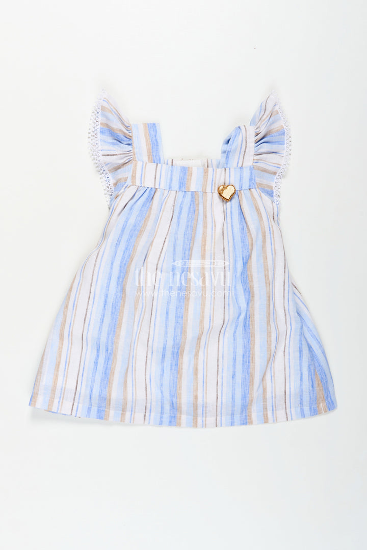 The Nesavu Girls Cotton Frock Girls Stripe Frock in Cotton with Shoulder Bows and Classic Vertical Multi Color Stripes Nesavu 18 (2Y) / Blue GFC1680A-18 Girls Cotton Stripe Frock Shoulder Bows Vertical Multi Color Striped Pattern | The Nesavu