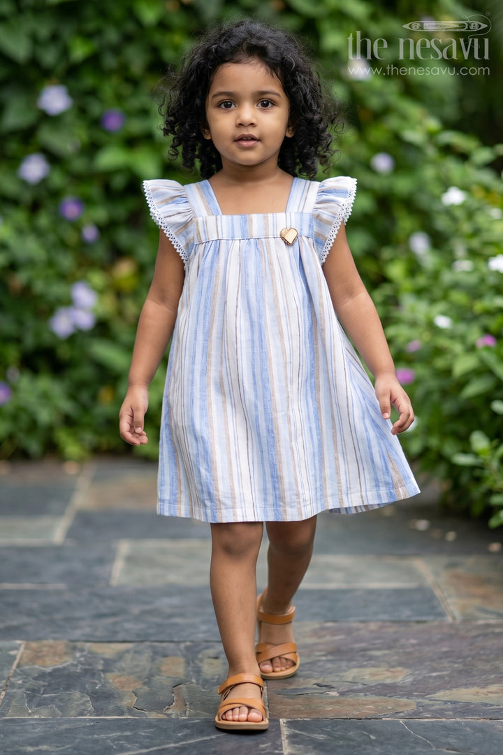 The Nesavu Girls Cotton Frock Girls Stripe Frock in Cotton with Shoulder Bows and Classic Vertical Multi Color Stripes Nesavu 18 (2Y) / Blue GFC1680A-18 Girls Cotton Stripe Frock Shoulder Bows Vertical Multi Color Striped Pattern | The Nesavu