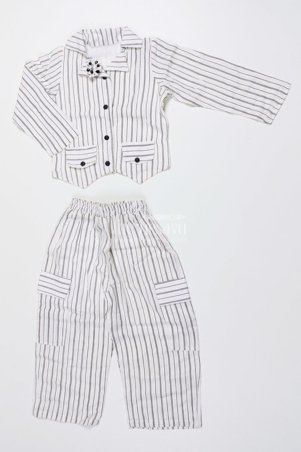 The Nesavu Girls Co-Ord Sets Girls Striped Co-Ord Set for School Programs and Casual Ethnic Wear Nesavu 22 (4Y) / Half white GPS905A-22 Nesavu girls striped cotton co-ord set floral brooch school ethnic wear casual events
