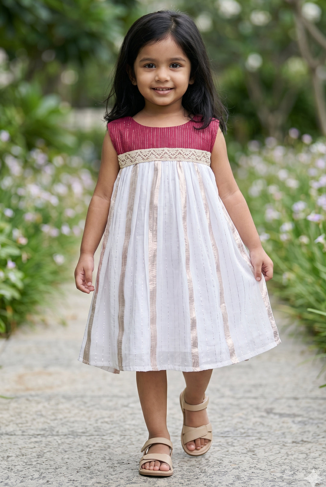 The Nesavu Girls Cotton Frock Girls Striped Frock for Festive Outings and Family Gatherings Nesavu 12 (3M) / Silver / Cotton GFC2263A-12 Nesavu Girls Striped Cotton Frock For Festive Outings And Family Celebrations