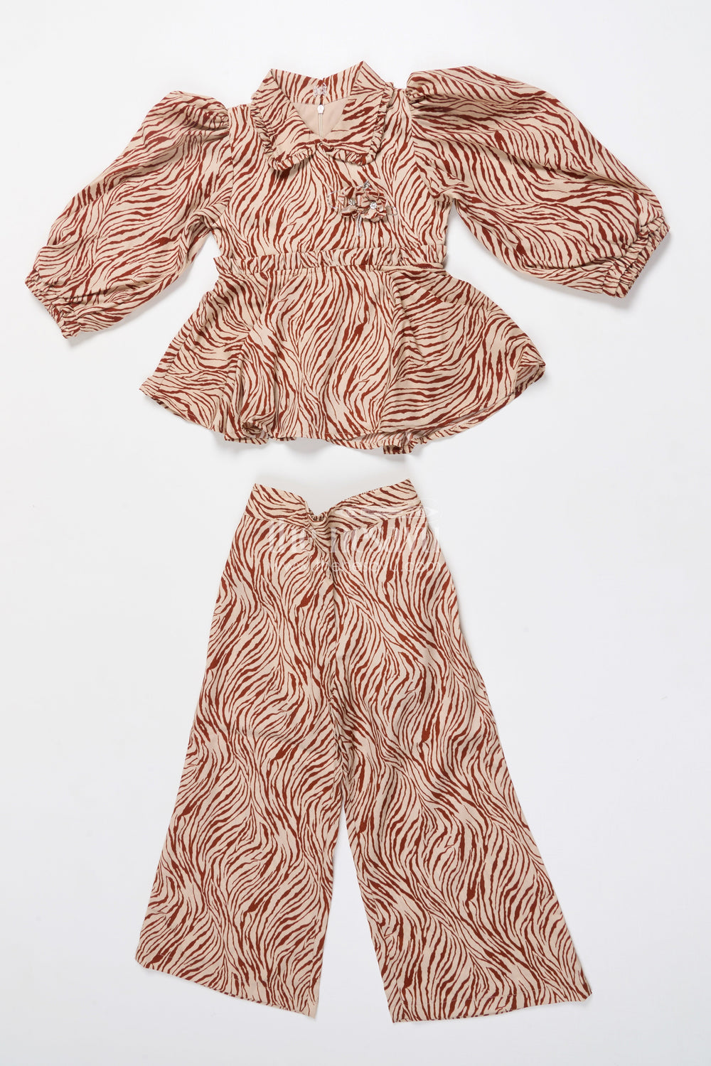 The Nesavu Girls Co-Ord Sets Girls Stylish Co-Ord Set with Flared Top for Birthdays and Cultural Functions Nesavu 22 (4Y) / Brown GPS908B-22 Nesavu girls digital print co-ord set peplum top pants birthdays stylish events
