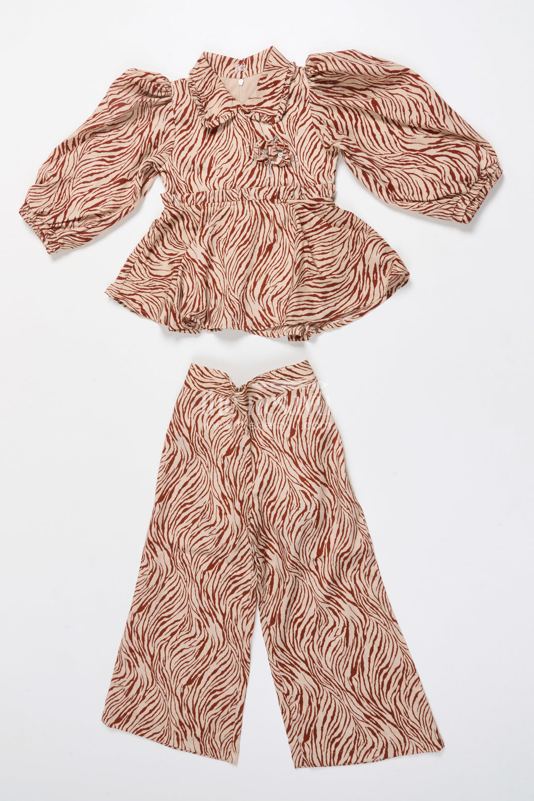 The Nesavu Girls Co-Ord Sets Girls Stylish Co-Ord Set with Flared Top for Birthdays and Cultural Functions Nesavu 22 (4Y) / Brown GPS908B-22 Nesavu girls digital print co-ord set peplum top pants birthdays stylish events