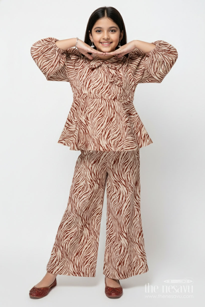 The Nesavu Girls Co-Ord Sets Girls Stylish Co-Ord Set with Flared Top for Birthdays and Cultural Functions Nesavu 22 (4Y) / Brown GPS908B-22 Nesavu girls digital print co-ord set peplum top pants birthdays stylish events