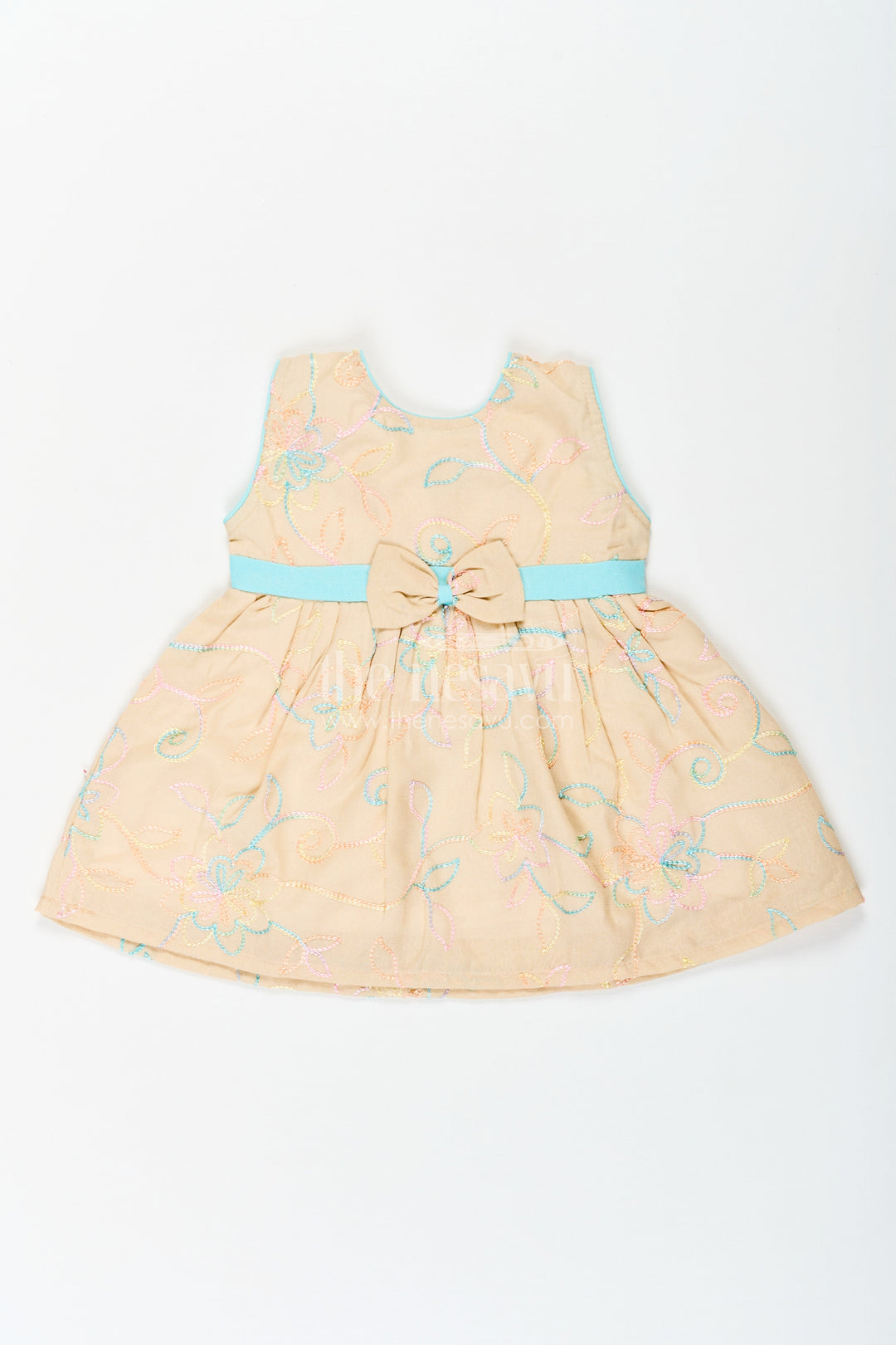 The Nesavu Baby Cotton Frocks Girls Stylish Cotton Frock with Multicolor Floral Embroidery and Aqua Waist Bow for Everyday Charm Nesavu 14 (6M) / Beige BFJ754B-14 Stylish Cotton Frock Girls Multicolor Floral Embroidery Aqua Bow Accent | The Nesavu