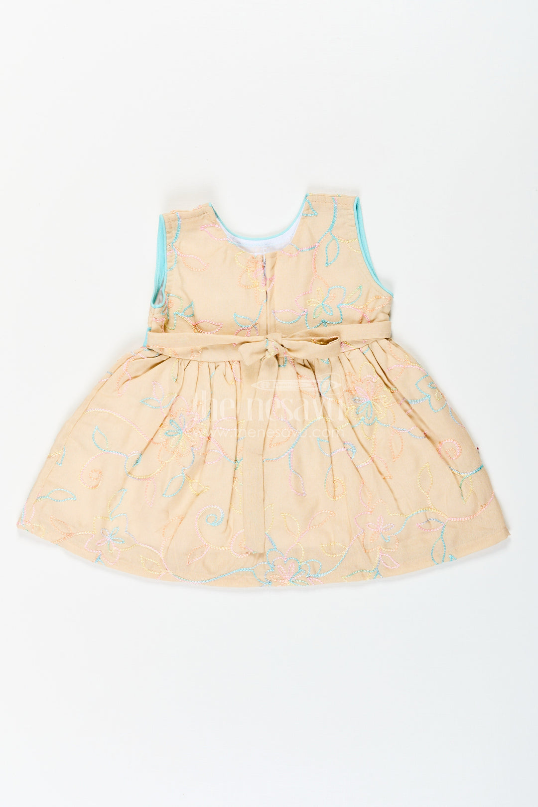 The Nesavu Baby Cotton Frocks Girls Stylish Cotton Frock with Multicolor Floral Embroidery and Aqua Waist Bow for Everyday Charm Nesavu Stylish Cotton Frock Girls Multicolor Floral Embroidery Aqua Bow Accent | The Nesavu