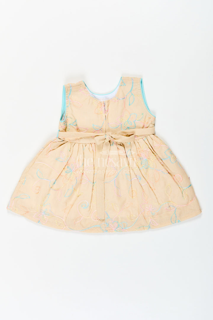 The Nesavu Baby Cotton Frocks Girls Stylish Cotton Frock with Multicolor Floral Embroidery and Aqua Waist Bow for Everyday Charm Nesavu Stylish Cotton Frock Girls Multicolor Floral Embroidery Aqua Bow Accent | The Nesavu