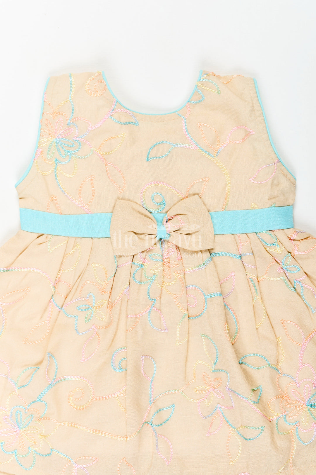 The Nesavu Baby Cotton Frocks Girls Stylish Cotton Frock with Multicolor Floral Embroidery and Aqua Waist Bow for Everyday Charm Nesavu Stylish Cotton Frock Girls Multicolor Floral Embroidery Aqua Bow Accent | The Nesavu