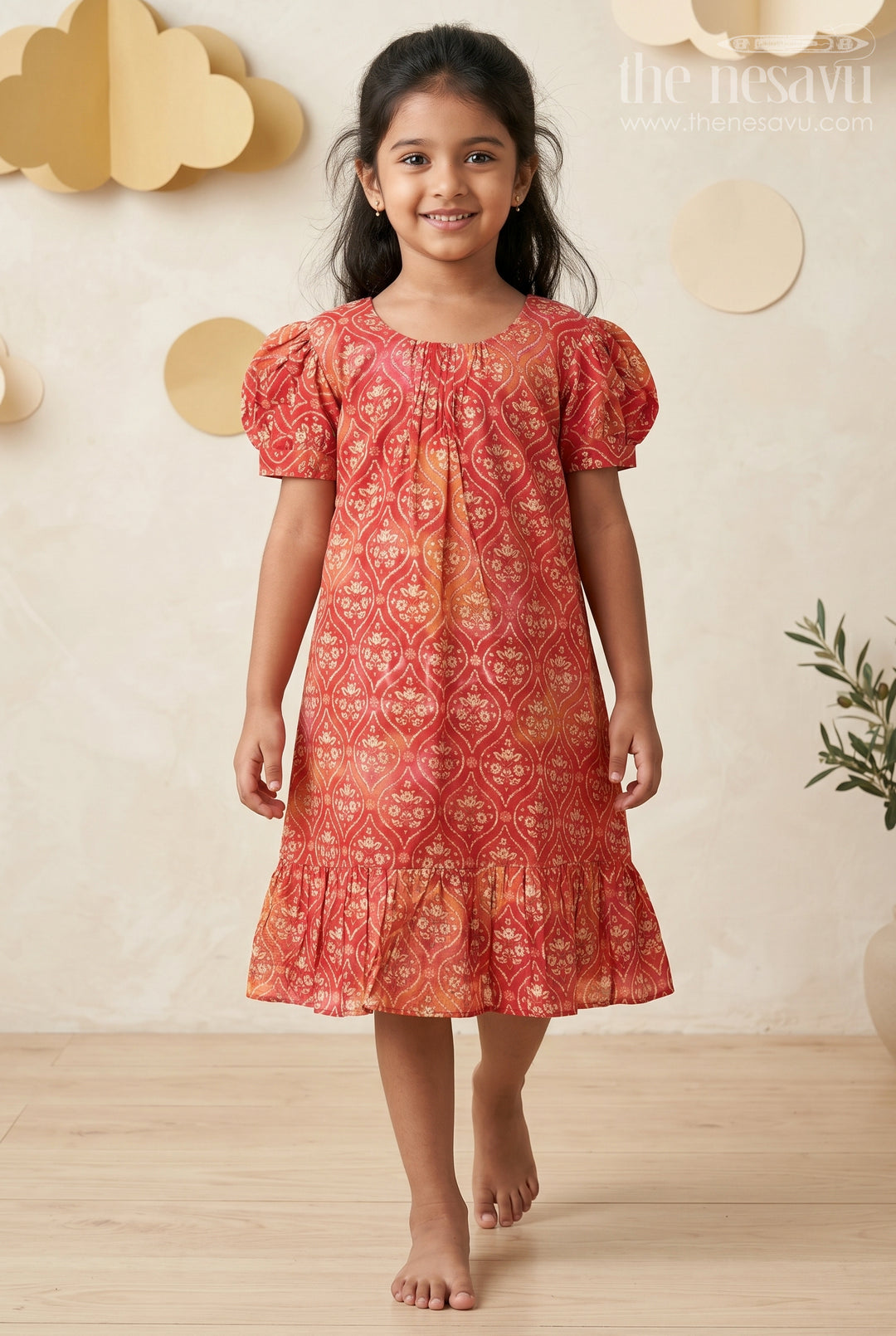 The Nesavu Girls Fancy Frock Girls Stylish Frock Design in Red Modal Silk with Ornamental Motifs and Ruffle Hem for Classic Vibes Nesavu 18 (2Y) / Red GFC1754A-18 Nesavu Girls Stylish Red Frock Design Modal Silk Puff Sleeves Ruffle Trim Hem