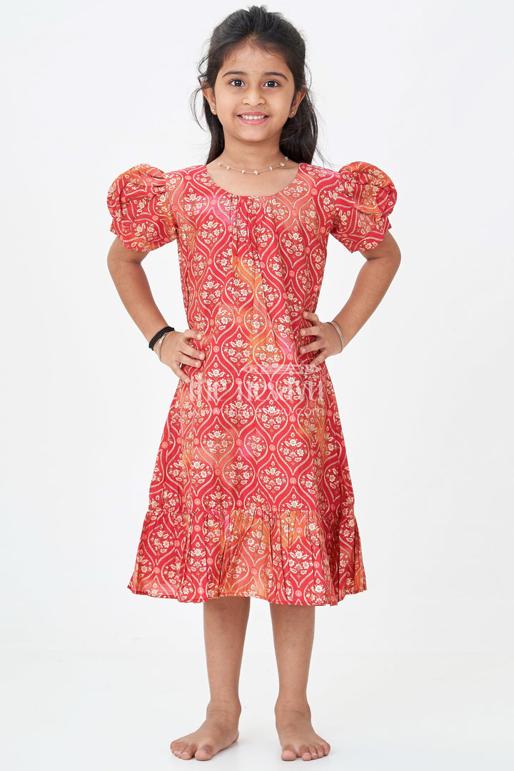 The Nesavu Girls Fancy Frock Girls Stylish Frock Design in Red Modal Silk with Ornamental Motifs and Ruffle Hem for Classic Vibes Nesavu Nesavu Girls Stylish Red Frock Design Modal Silk Puff Sleeves Ruffle Trim Hem