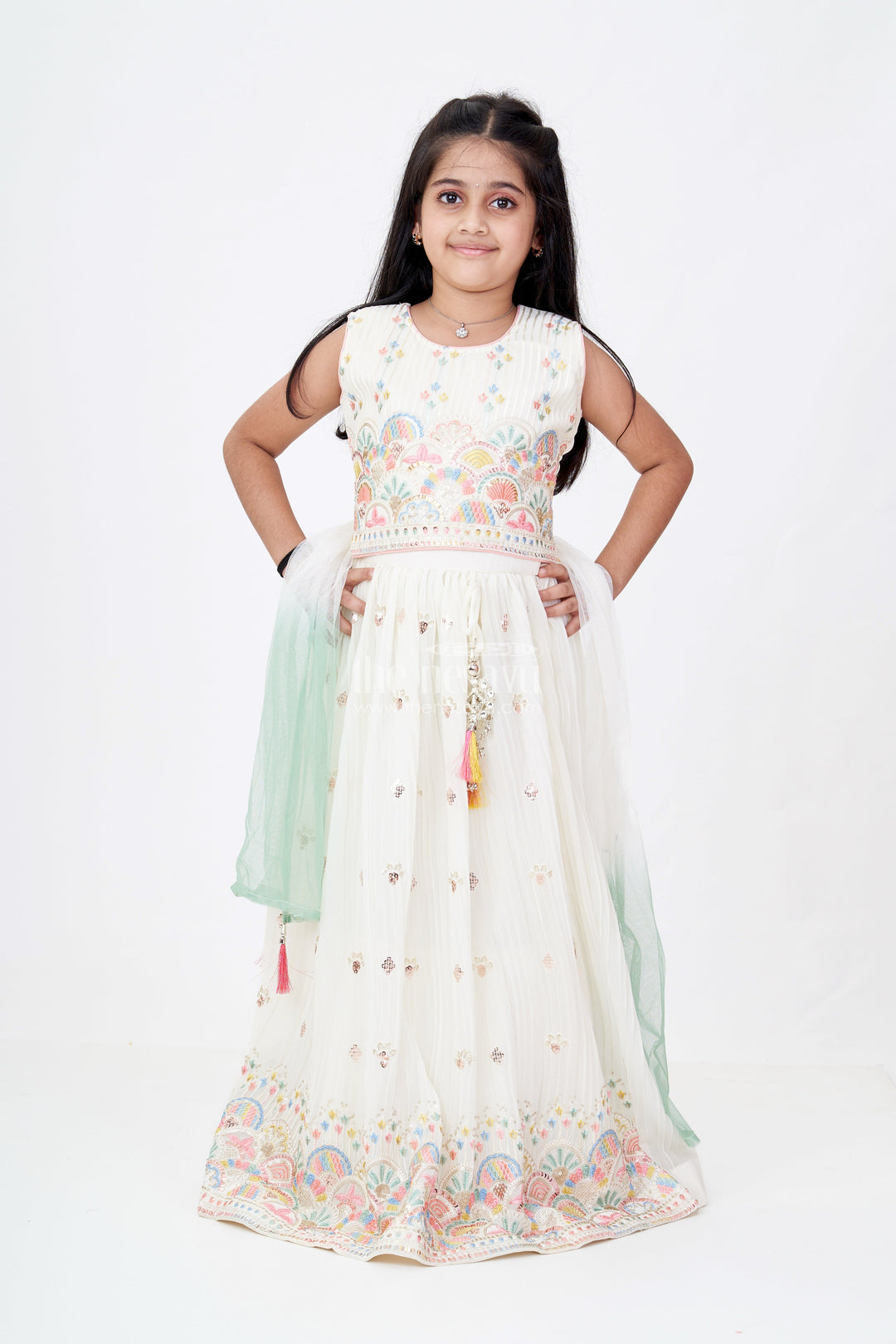 The Nesavu Girls Lehenga Choli Girls Stylish Lehenga Choli Design with Intricate Embroidery and Sequin Accents for Grand Occasions Nesavu 24 (5Y) / Cream GL598A-24 Girls Stylish Lehenga Choli Design Embroidery Sequins Festive Wedding Wear | The Nesavu