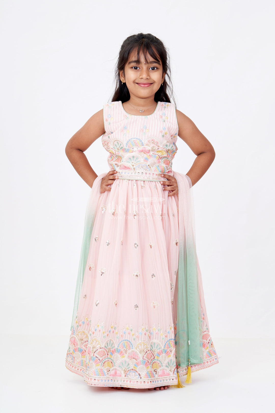 The Nesavu Girls Lehenga Choli Girls Stylish Lehenga Choli with Multicolor Embroidery and Elegant Scalloped Hem for Festive Wear Nesavu 24 (5Y) / Peach GL598B-24 Girls Stylish Lehenga Choli Multicolor Embroidery Scalloped Hem Festive Wear | The Nesavu
