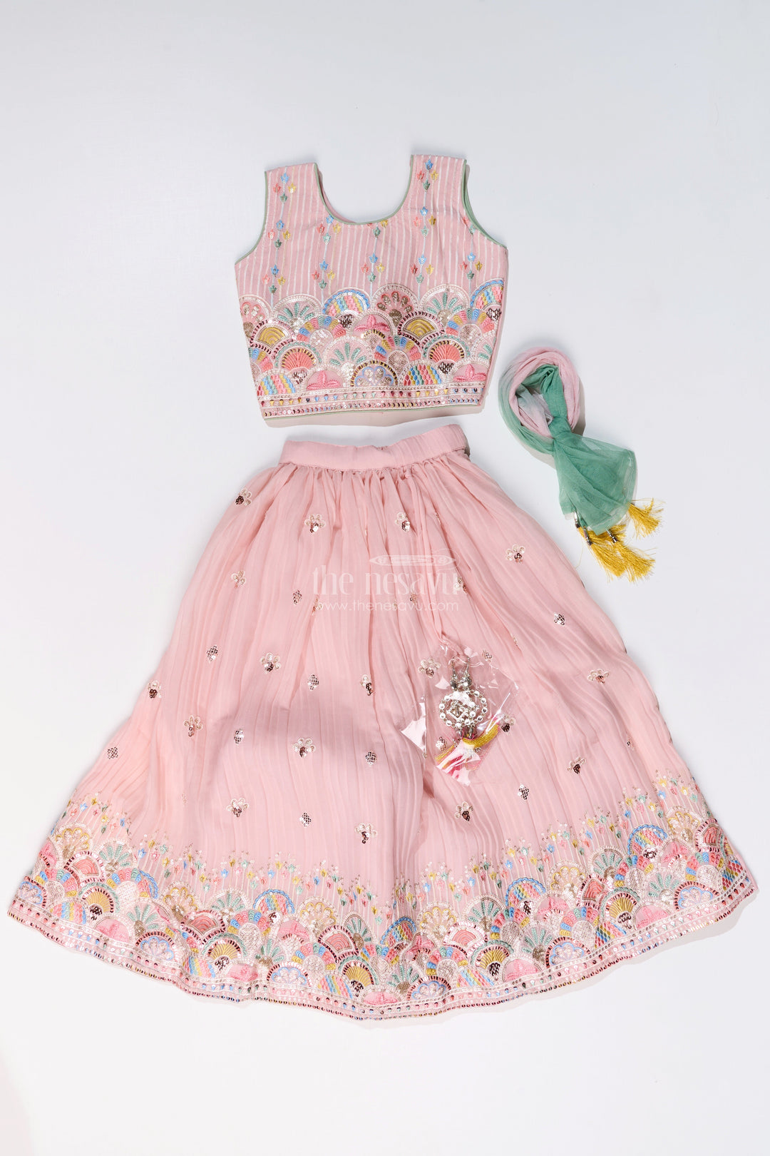 The Nesavu Girls Lehenga Choli Girls Stylish Lehenga Choli with Multicolor Embroidery and Elegant Scalloped Hem for Festive Wear Nesavu Girls Stylish Lehenga Choli Multicolor Embroidery Scalloped Hem Festive Wear | The Nesavu