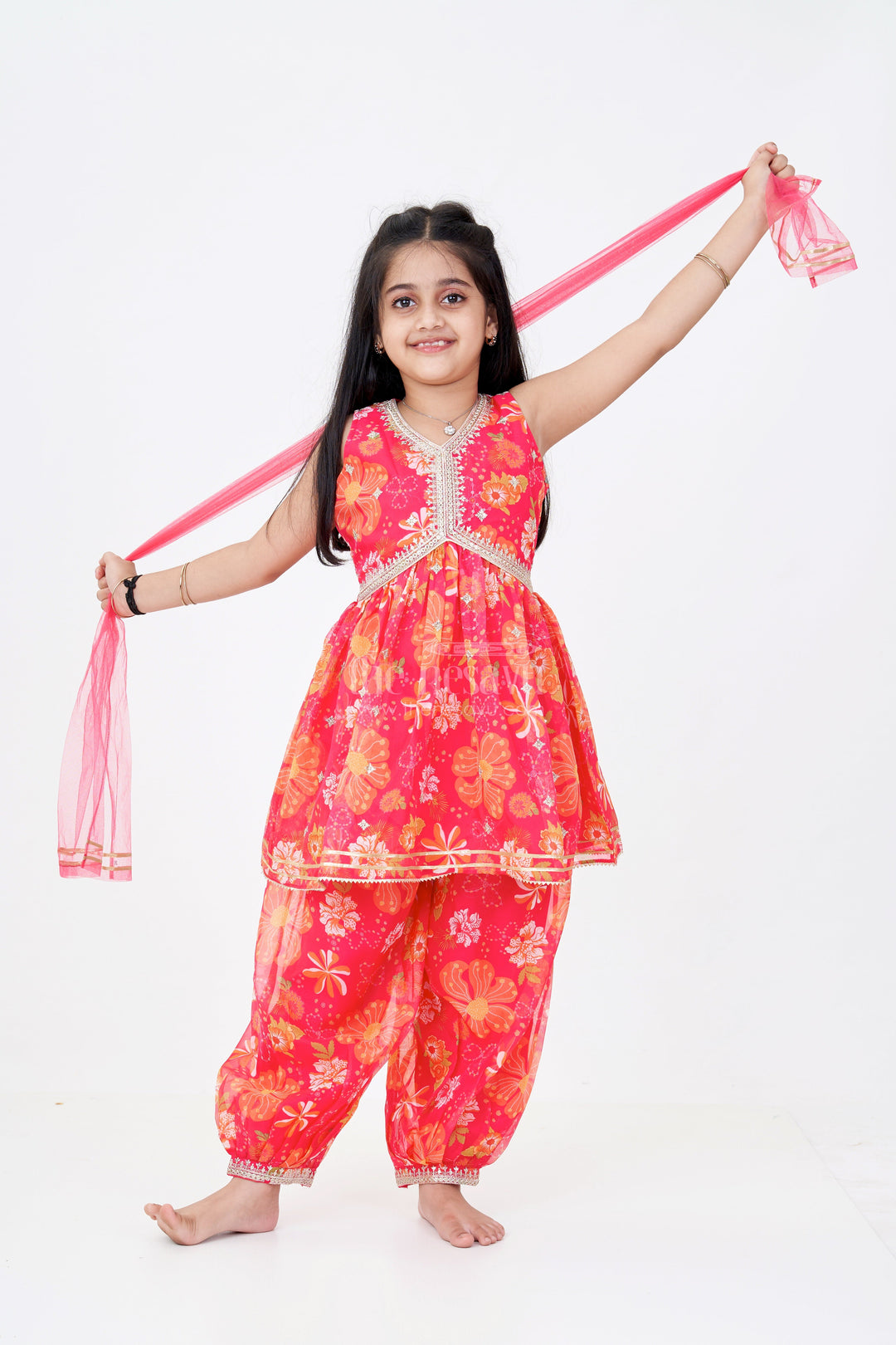The Nesavu Girls Sharara / Plazo Set Girls Stylish Sharara Set in Red with Floral Digital Prints and Embroidered Peplum Top Nesavu 16 (1Y) / Pink GPS511A-16 Girls Floral Printed Stylish Sharara Set Embroidered Peplum Top | The Nesavu
