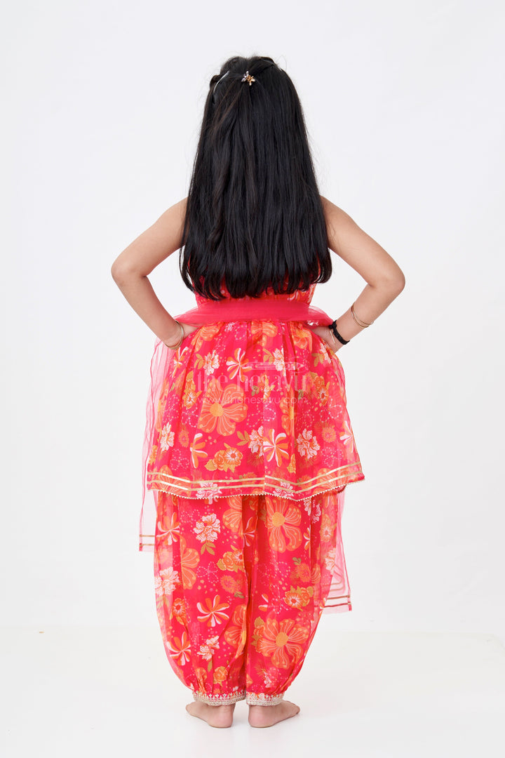 The Nesavu Girls Sharara / Plazo Set Girls Stylish Sharara Set in Red with Floral Digital Prints and Embroidered Peplum Top Nesavu Girls Floral Printed Stylish Sharara Set Embroidered Peplum Top | The Nesavu