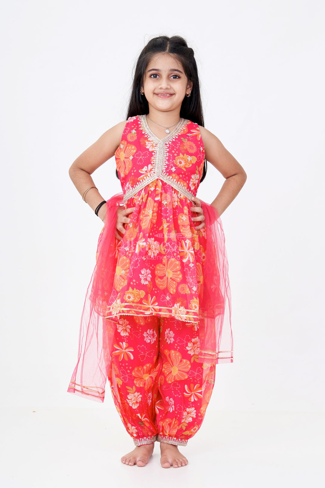 The Nesavu Girls Sharara / Plazo Set Girls Stylish Sharara Set in Red with Floral Digital Prints and Embroidered Peplum Top Nesavu Girls Floral Printed Stylish Sharara Set Embroidered Peplum Top | The Nesavu