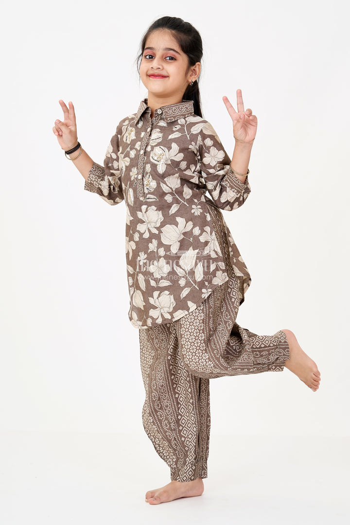 The Nesavu Girls Co-Ord Sets Girls Suit Co-Ord Set with Floral Printed Kurti and Ethnic Patterned Pants in Earthy Tones Nesavu 24 (5Y) / Gray GPS551A-24 Girls Suit Co-ord Set Floral Kurti Ethnic Patterned Pants Earthy Tones | The Nesavu