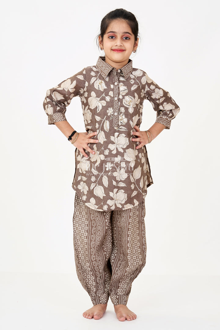 The Nesavu Girls Co-Ord Sets Girls Suit Co-Ord Set with Floral Printed Kurti and Ethnic Patterned Pants in Earthy Tones Nesavu Girls Suit Co-ord Set Floral Kurti Ethnic Patterned Pants Earthy Tones | The Nesavu
