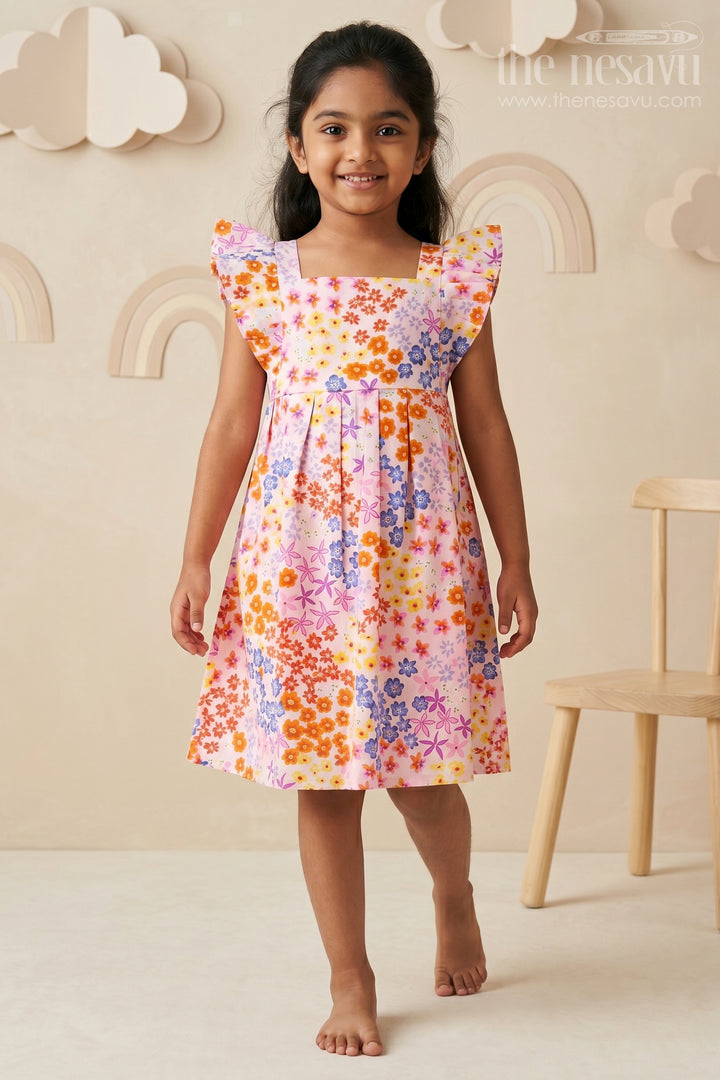 The Nesavu Girls Cotton Frock Girls Summer Blossom Pink Cotton Frock with Pastel Floral Print Nesavu 14 (6M) / Pink / Cotton GFC1222A-14 Girls Pastel Floral Cotton Dress | The Nesavu
