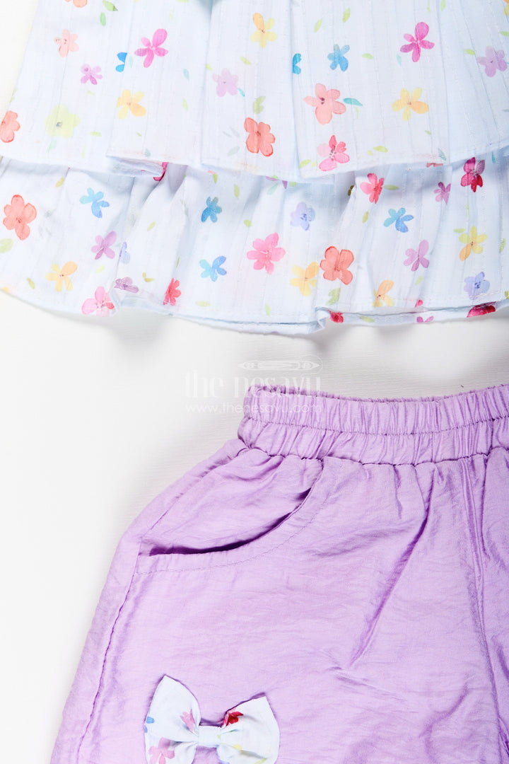 The Nesavu Girls Casual Set Girls Summer Casual Set with Lavender Shorts and Bow Top Nesavu Nesavu girls cotton casual outfit lavender shorts bow top