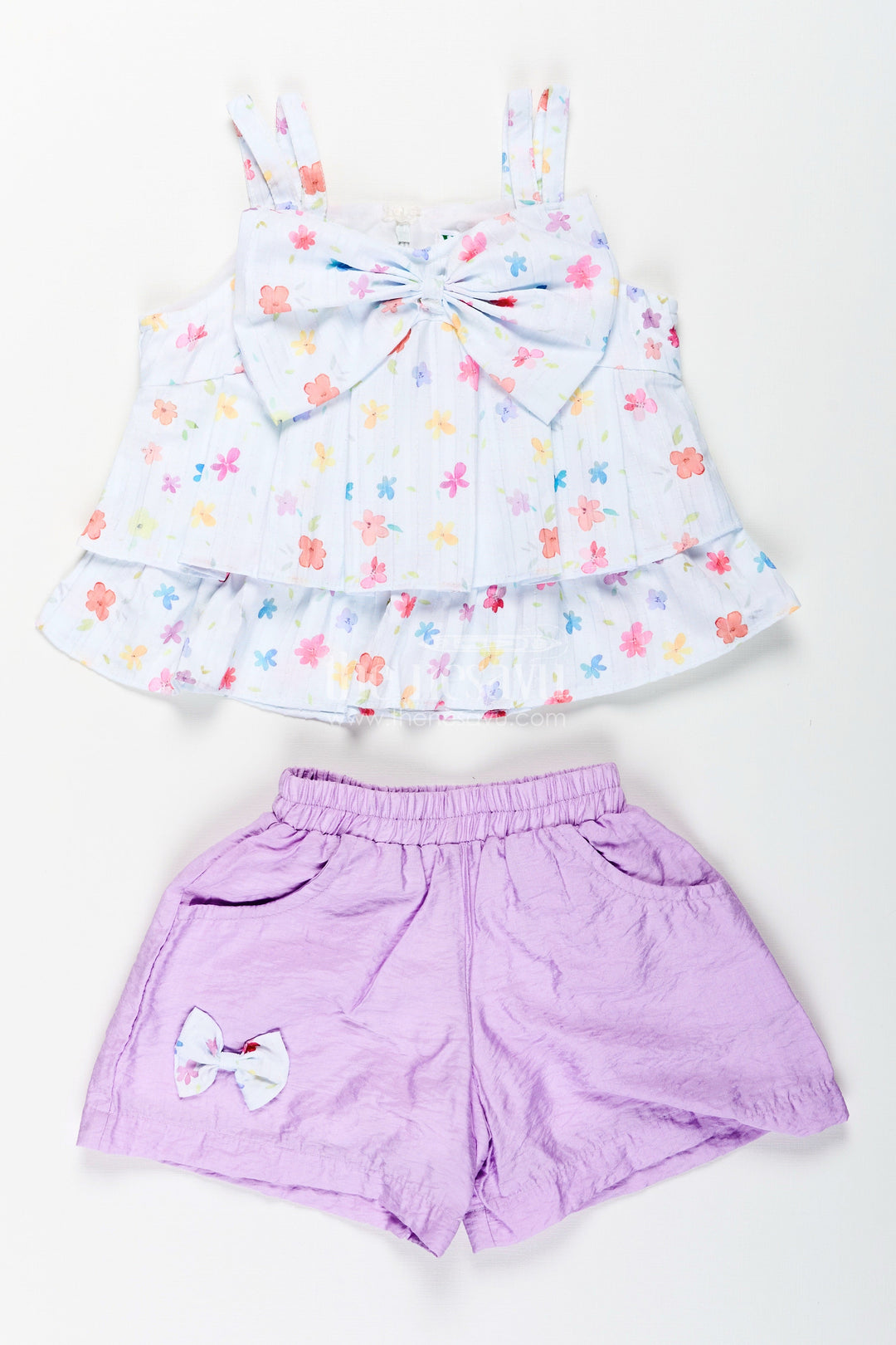 The Nesavu Girls Casual Set Girls Summer Casual Set with Lavender Shorts and Bow Top Nesavu Nesavu girls cotton casual outfit lavender shorts bow top