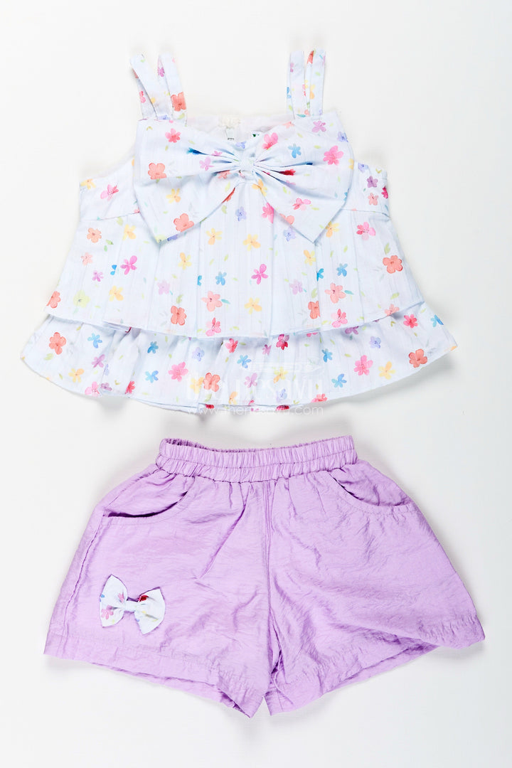 The Nesavu Girls Casual Set Girls Summer Casual Set with Lavender Shorts and Bow Top Nesavu Nesavu girls cotton casual outfit lavender shorts bow top