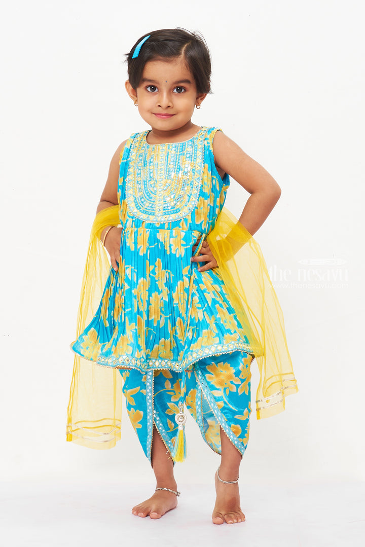 The Nesavu Girls Dothi Sets Girls Sunshine Blue Kurti with Dhoti Pant Set - Vibrant and Versatile Nesavu 16 (1Y) / Blue / Chinnon GPS281A-16 Shop Girls Blue Floral Kurti & Dhoti Pant Set | Perfect Outfit for All Occasions